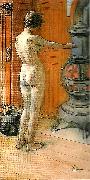 Carl Larsson leontine staende , naken rygg- naken flicka framfor kamin- framfor kaminen painting